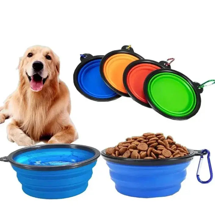 Collapsible pet bowls in various colors with a dog and food on a white background