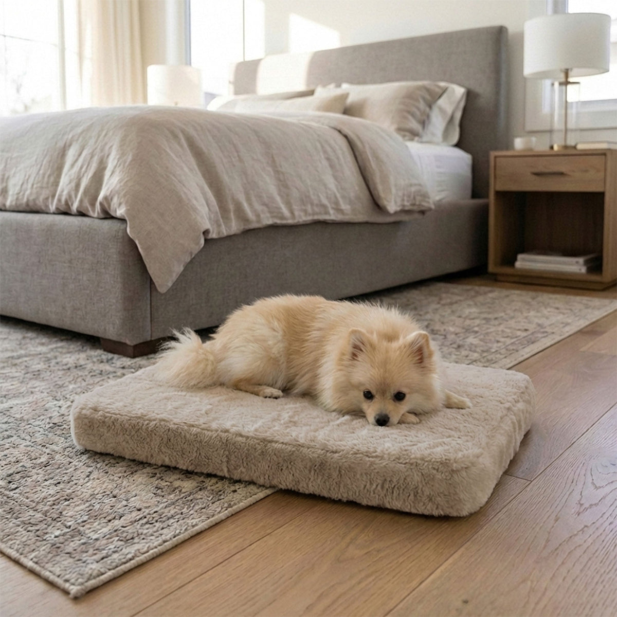 Dog lying on a fluffy pet bed in a cozy bedroom.