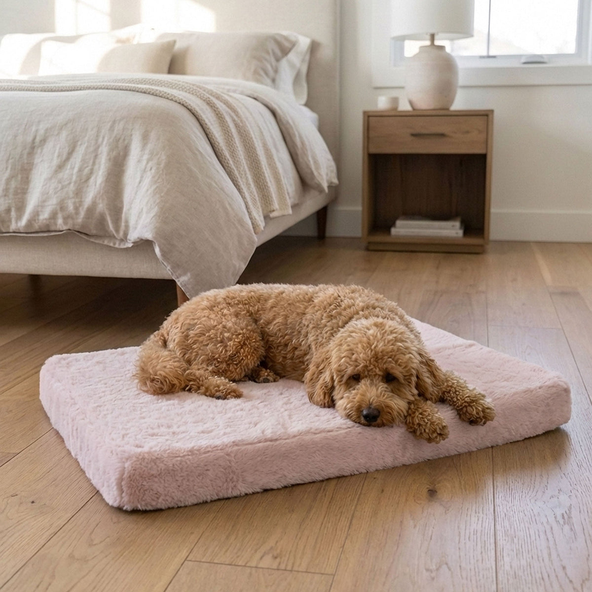Dog lying on a pink pet bed in a bedroom