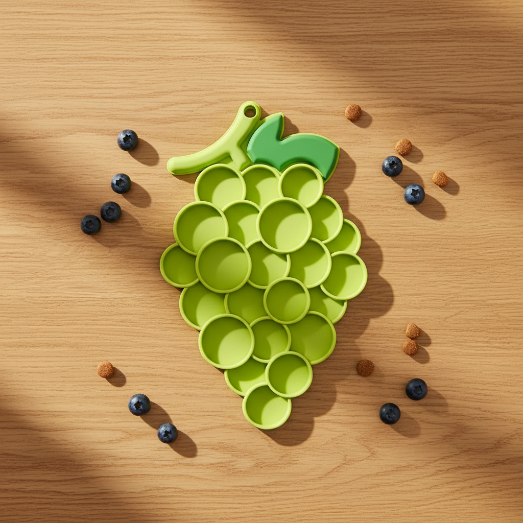 Green grape-shaped pet lick mat on a wooden surface with scattered fruits.