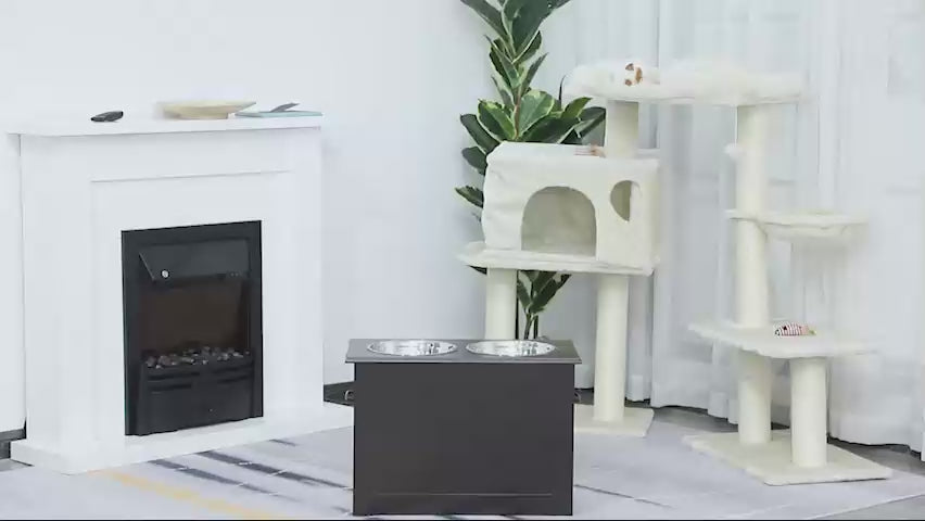 video of a pet feeding station with 2 stainless steel bowl an storage space