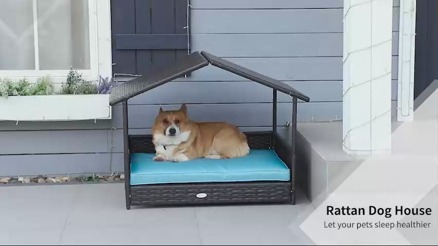 video of a dog laying on a covered rattan pet bed outdoors
