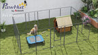 video of a dog inside a metal play pen outdoors with a pet cot and a dog house 