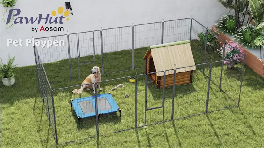 video of a dog inside a metal play pen outdoors with a pet cot and a dog house 