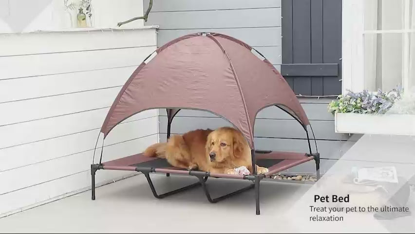 video of a dog using a pet canopy cot outdoors