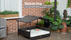 video showing a dog using a rattan pet bed with canopy