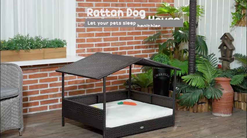 video showing a dog using a rattan pet bed with canopy