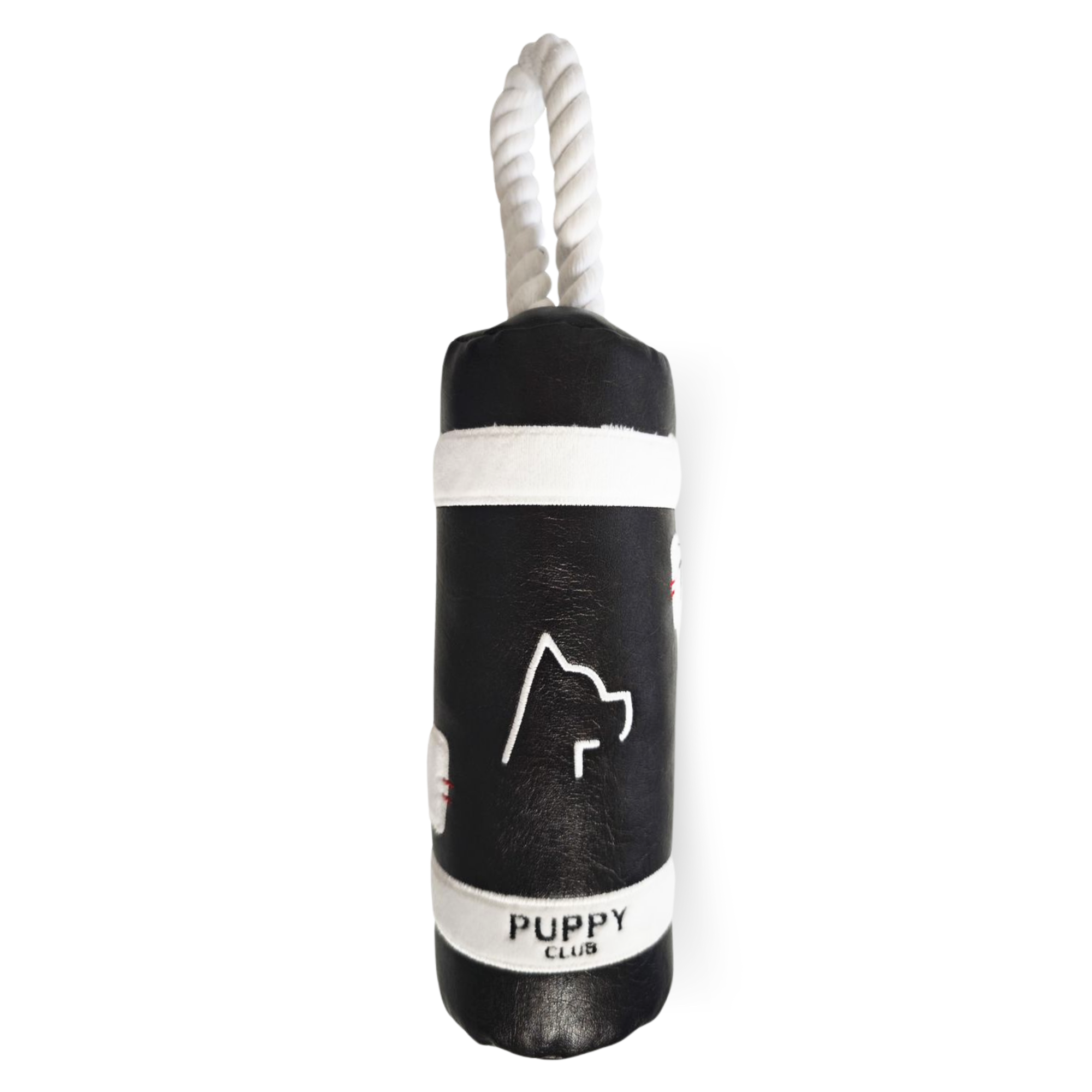 Black and white dog toy with rope handle on a white background, branded 'Puppy Club'.