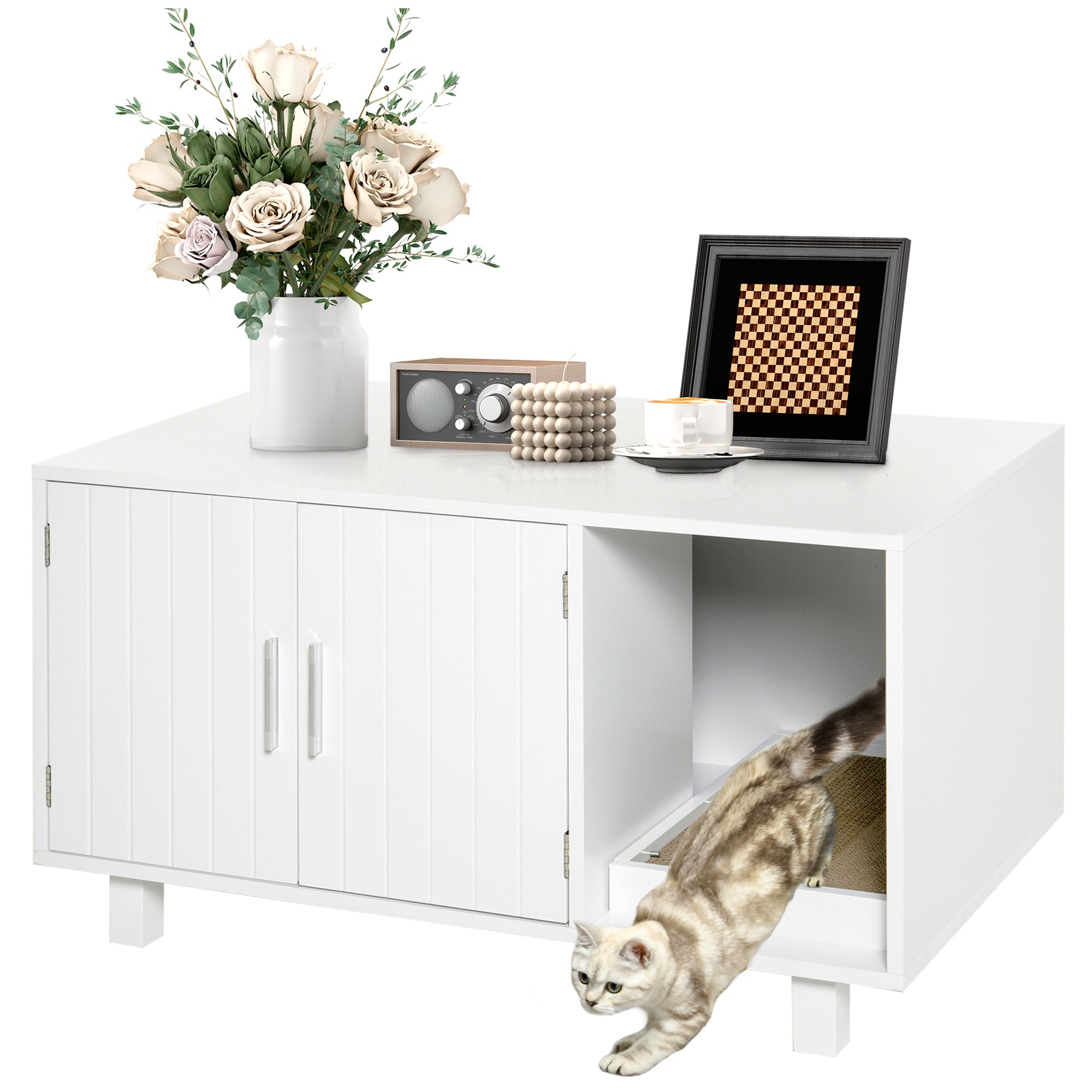 White cat litter enclosure, flowers, and decor items on top.
