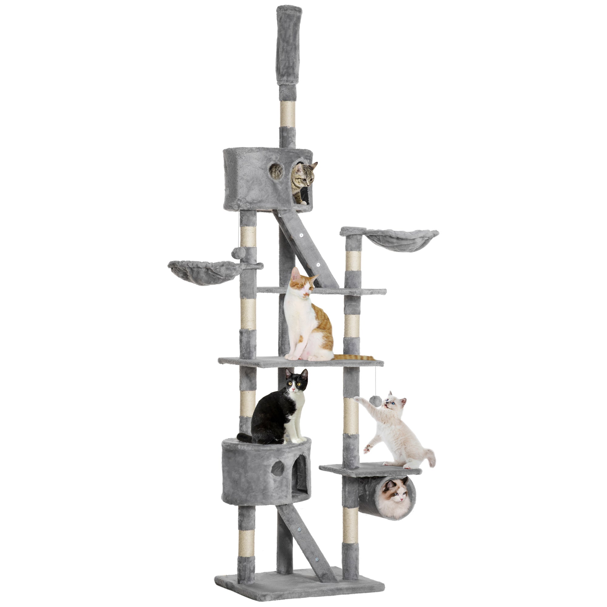 Gray cat tree with multiple levels and a cat sitting on one of the platforms.