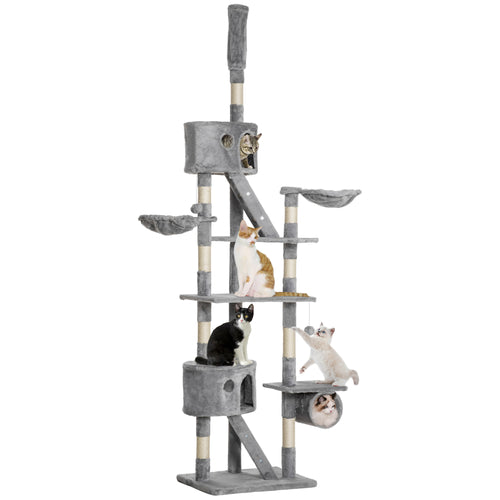 Gray cat tree with multiple levels and a cat sitting on one of the platforms.