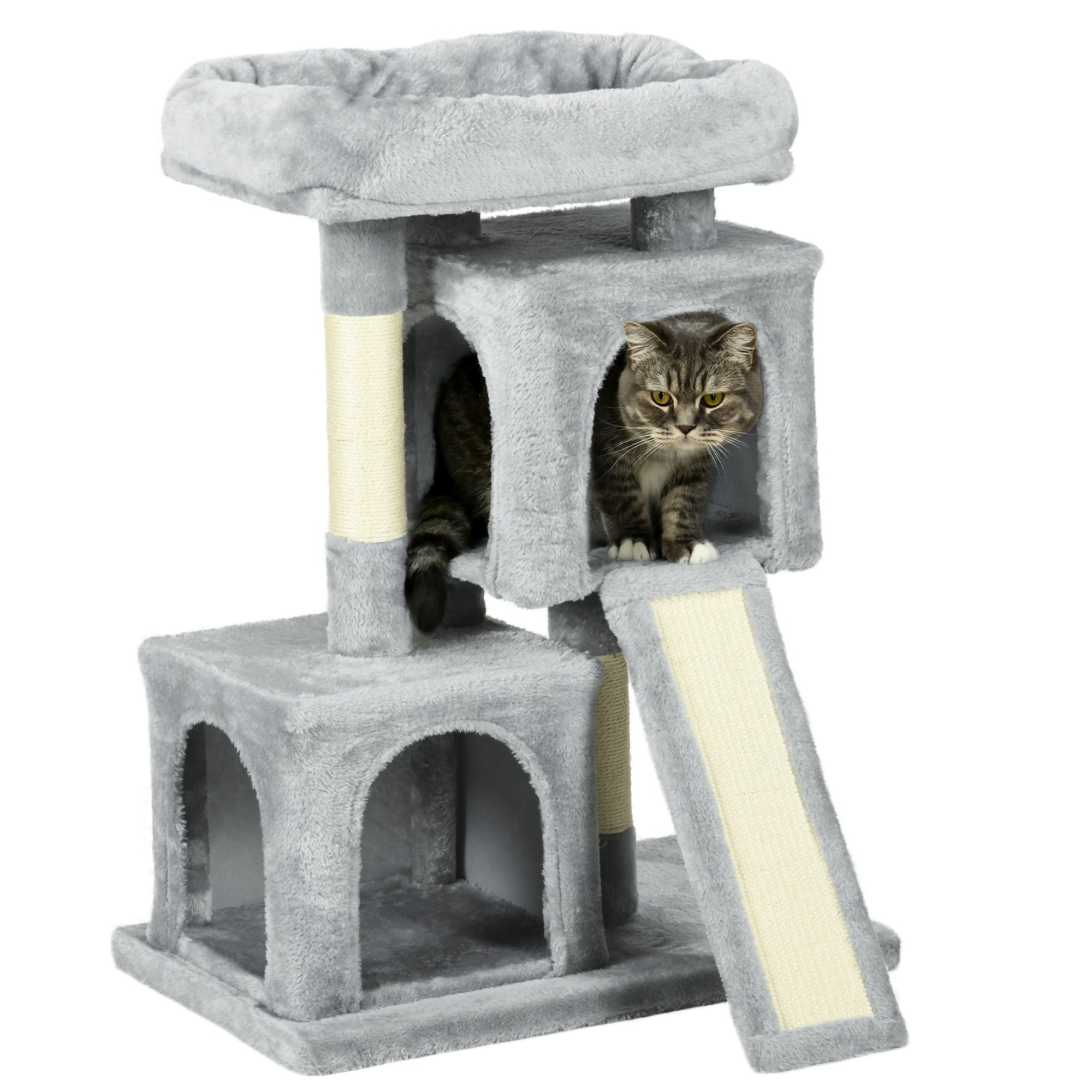 Gray cat tree with a cat peeking out on a white background
