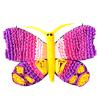 Colorful butterfly-shaped toy with pink, yellow, and purple wings on a white background