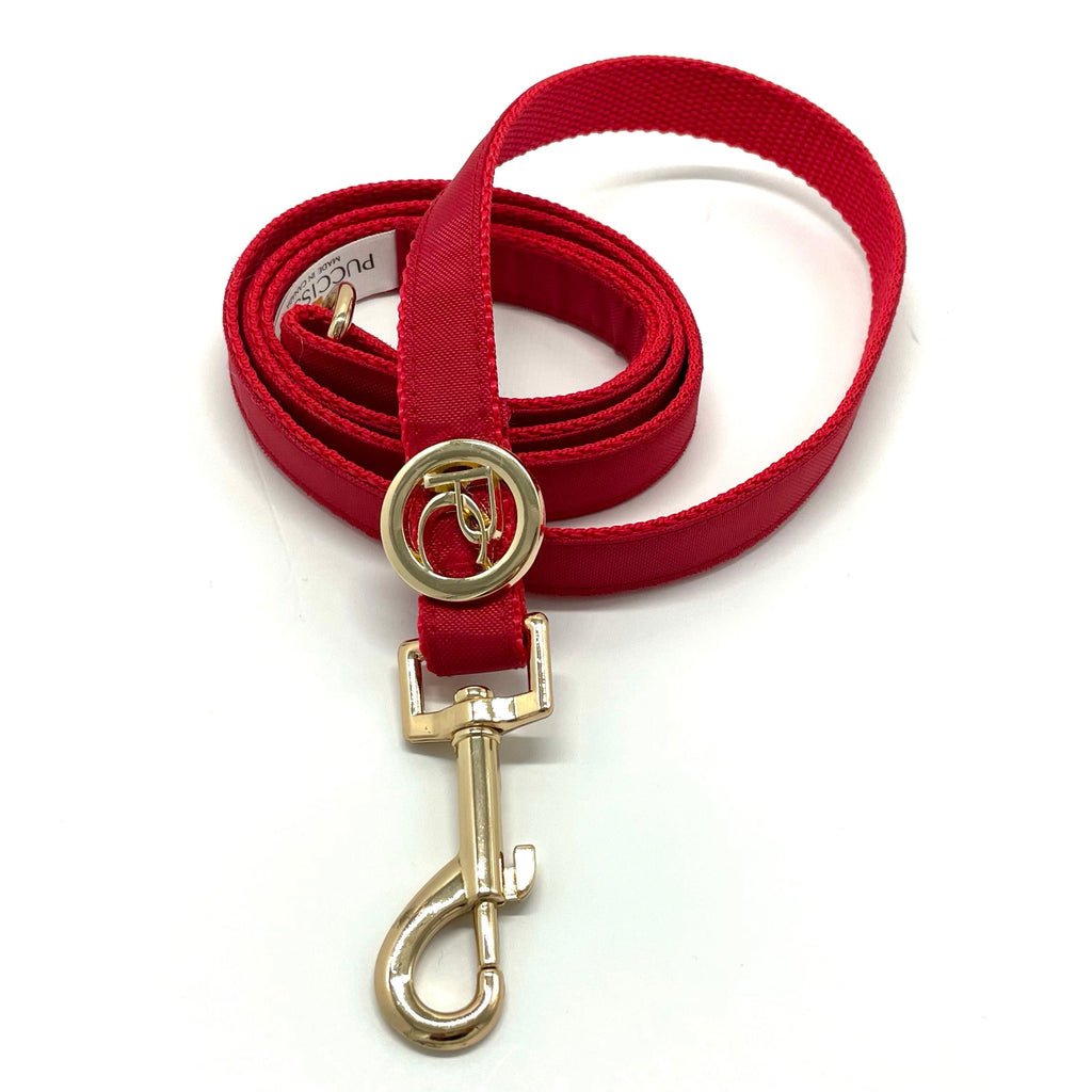 Red dog leash with gold clasp on a white background
