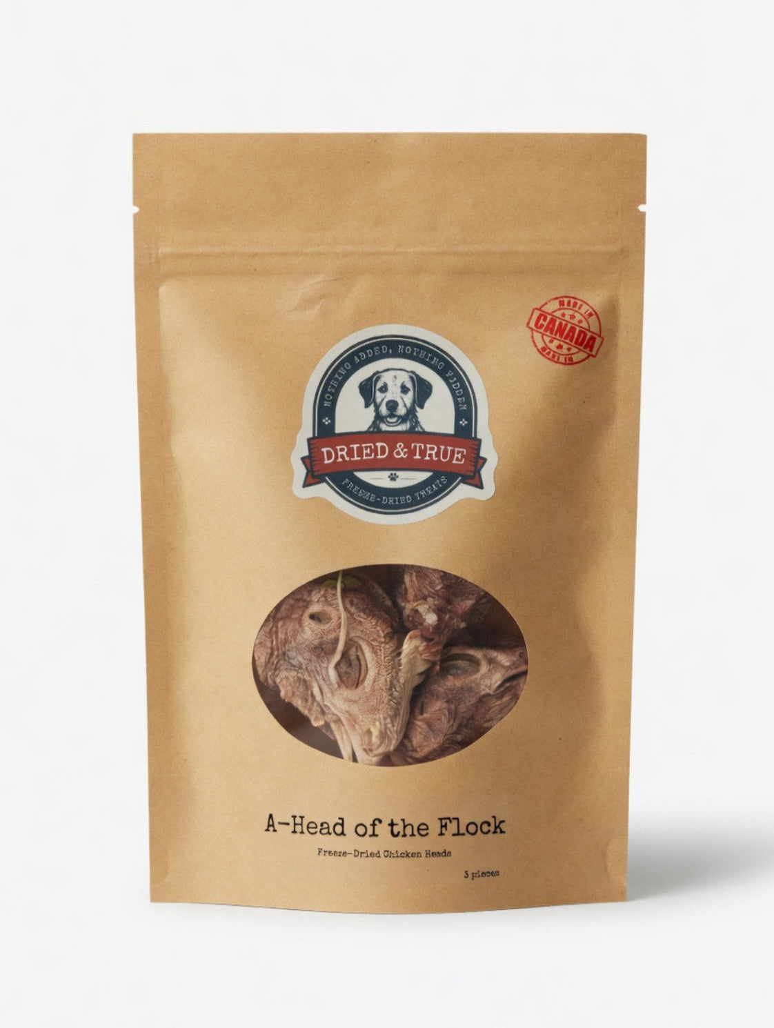Kraft paper pet food package with 'Dried & True' branding on a white background