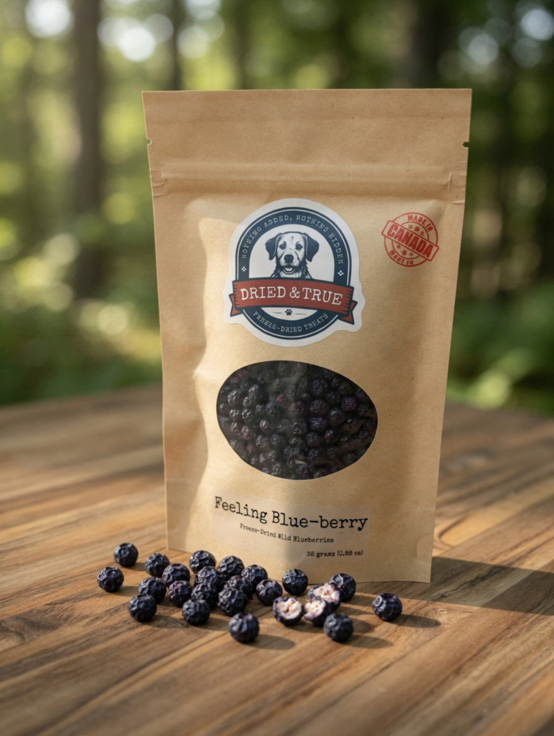 Bag of dried blueberries with a brand label on a wooden surface