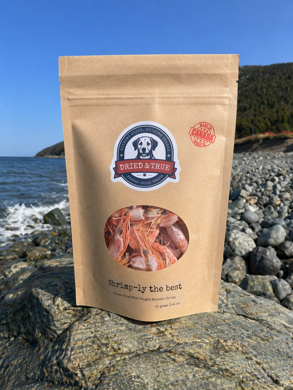 Kraft paper package of dried shrimp with a brand label on a rocky beach.