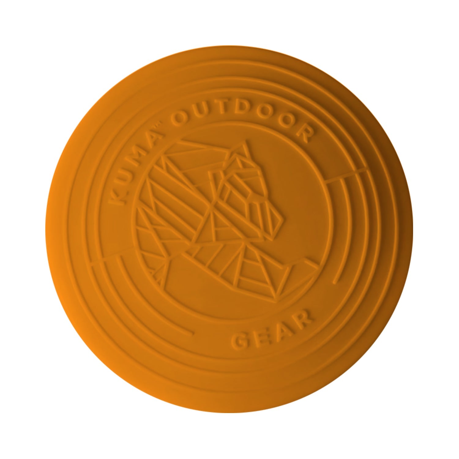 An orange circular dog toy or disc with embossed branding reading 'KUMA OUTDOOR GEAR' and a geometric animal head design in the center, shown on a plain white background.
