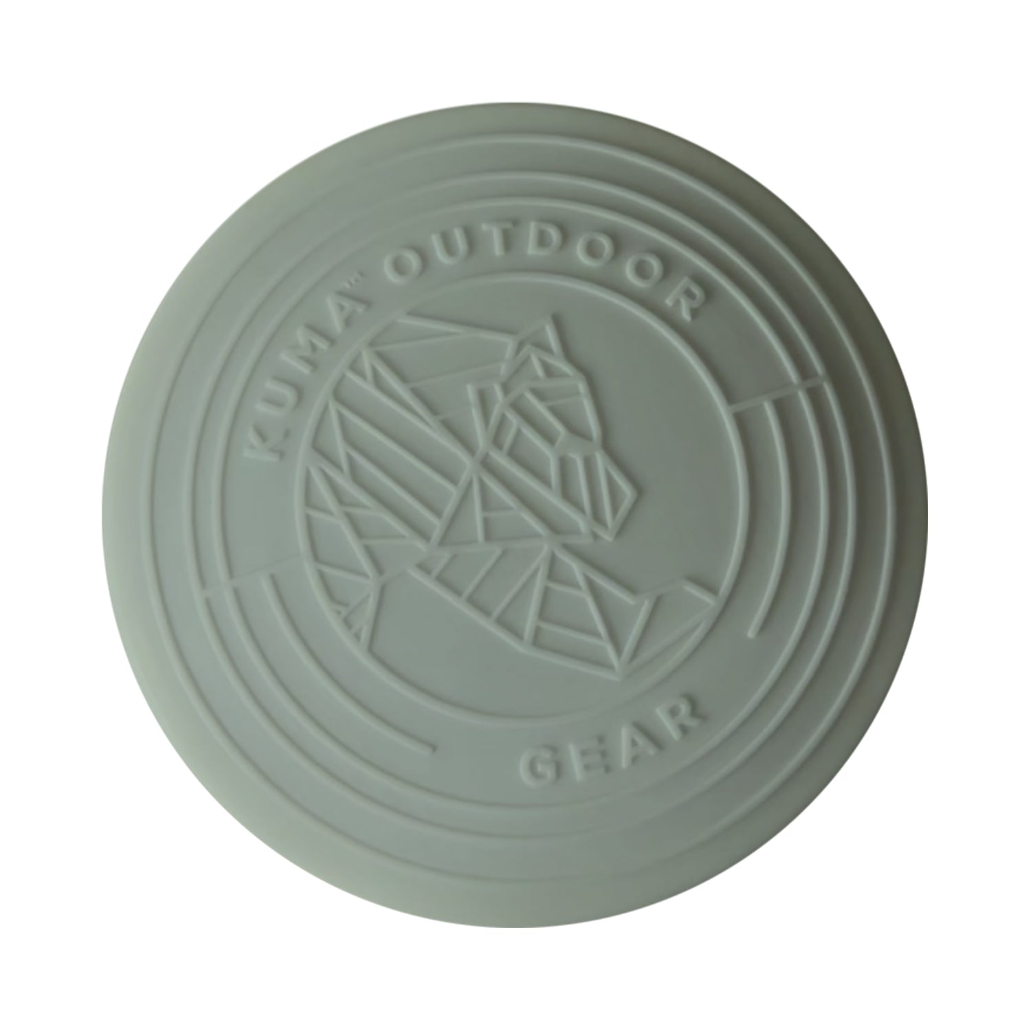 A round, light sage green outdoor disc with embossed branding for 'KUMA OUTDOOR GEAR' and a geometric mountain logo, shown on a plain white background.