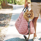 Person walking on the street with a pink quilted pet carrier with a dog inside