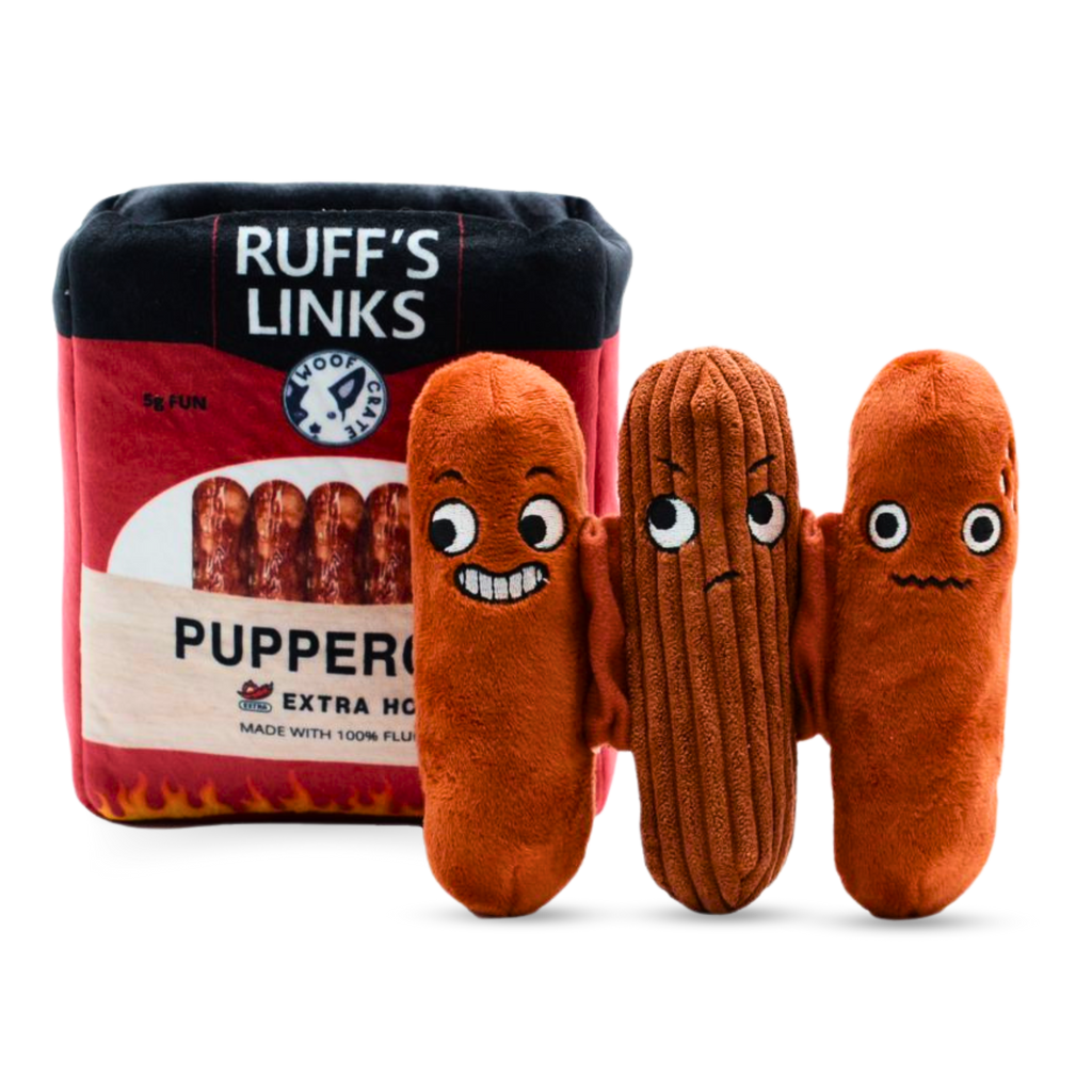 Plush dog toys resembling pepperoni with a Ruff's Links packaging in the background.