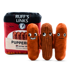 Plush dog toys resembling pepperoni with a Ruff's Links packaging in the background.