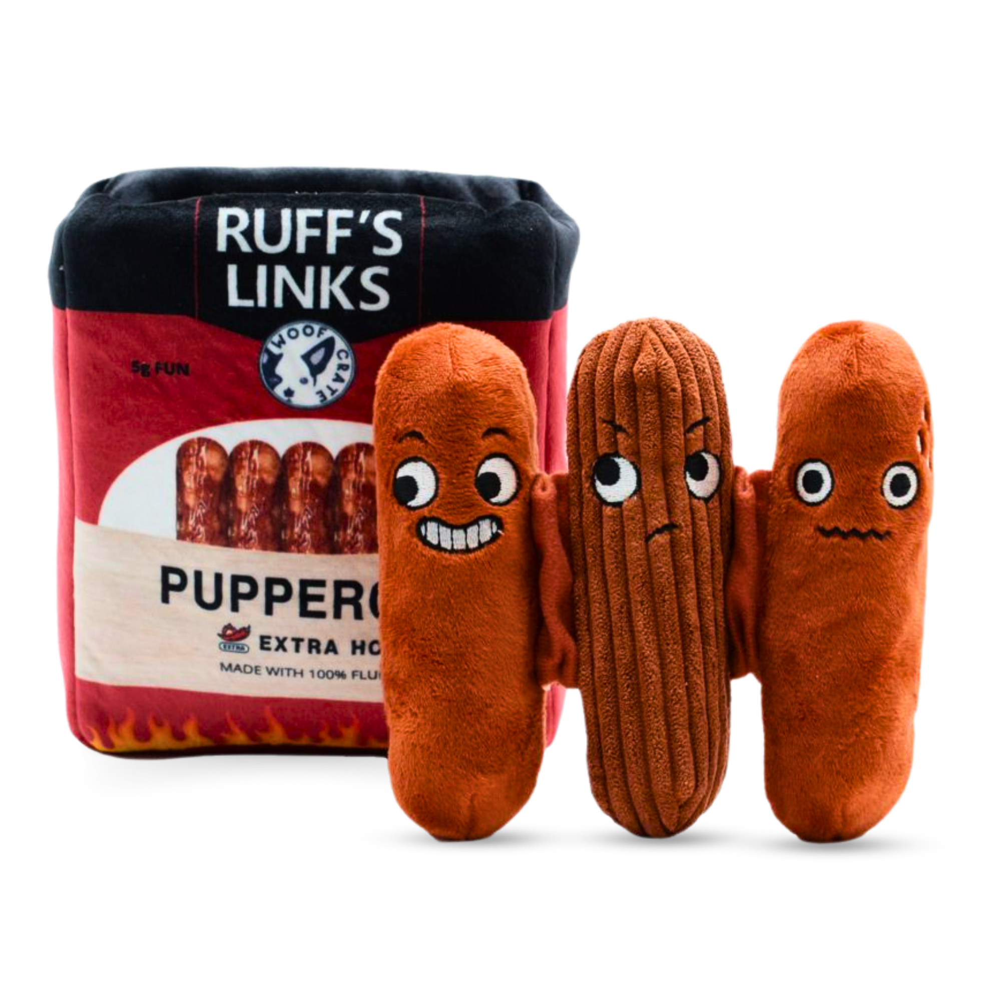 Plush dog toys resembling pepperoni with a Ruff's Links packaging in the background.