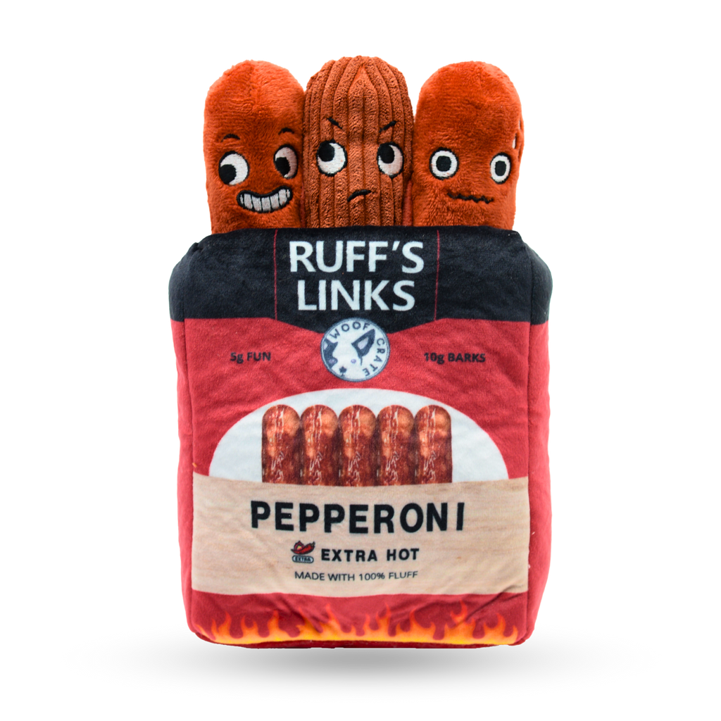 Plush toy resembling pepperoni with a packaging design labeled 'Ruff's Links' on a white background.