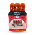 Plush toy resembling pepperoni with a packaging design labeled 'Ruff's Links' on a white background.