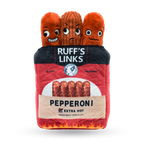 Plush toy resembling pepperoni with a packaging design labeled 'Ruff's Links' on a white background.