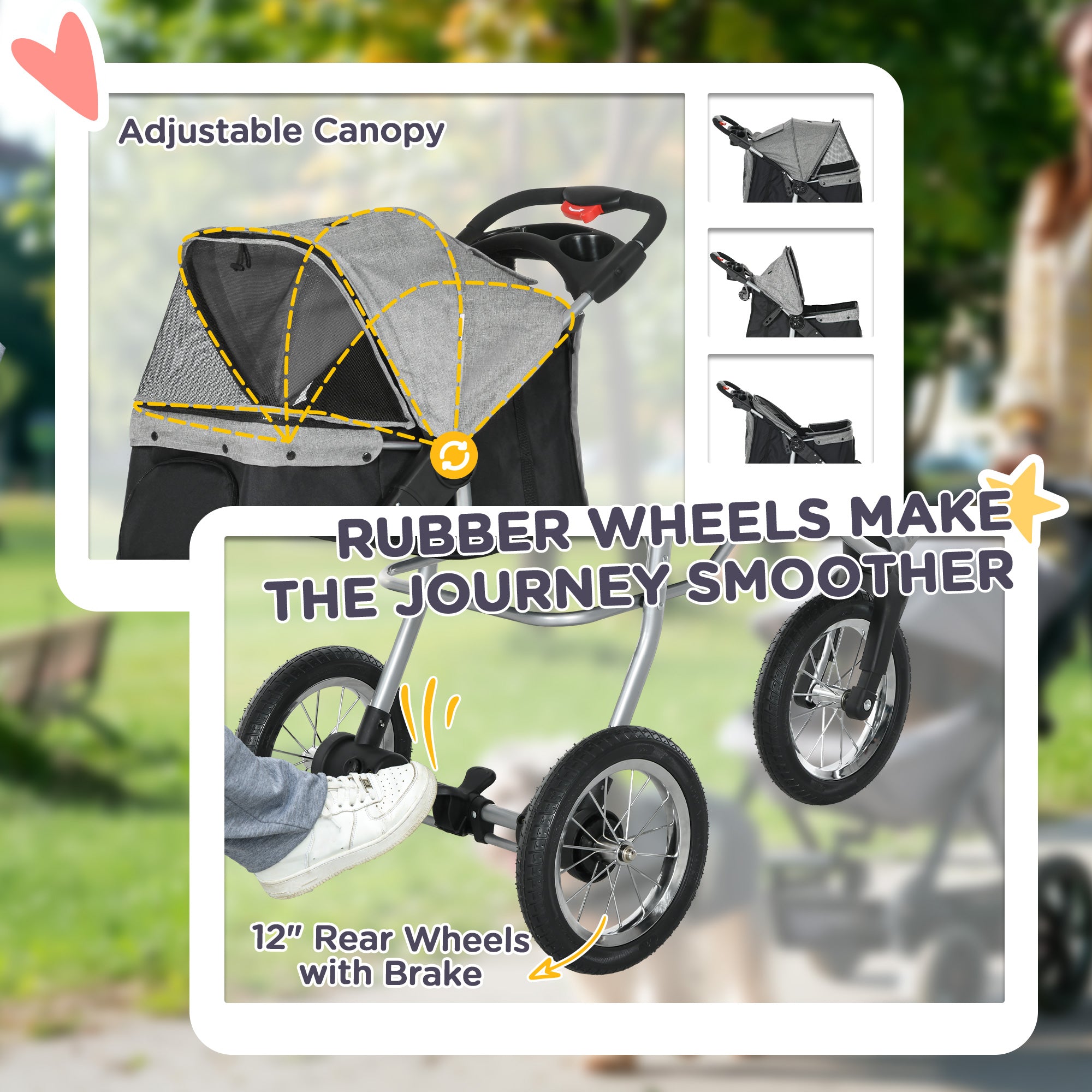 Pet stroller with adjustable canopy and 12-inch rear wheels with brake, set against a blurred outdoor background.