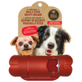 Bully stick safety holder with two dogs on a cardboard backing
