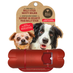 Bully stick safety holder with two dogs on a cardboard backing