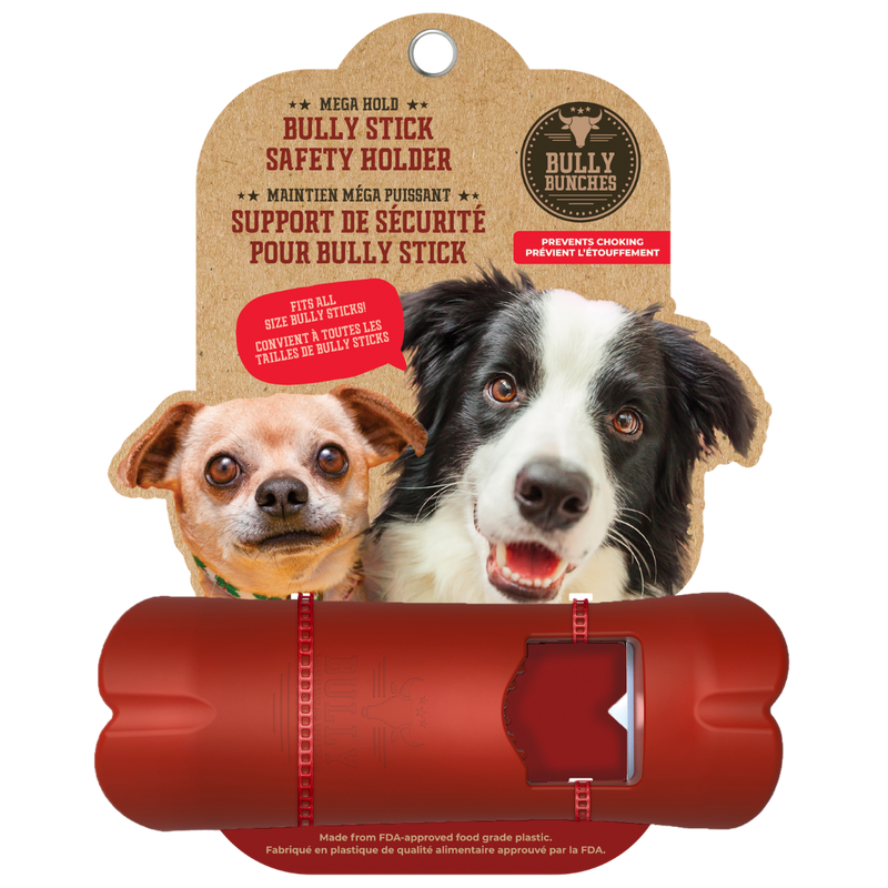 Bully stick safety holder with two dogs on a cardboard backing