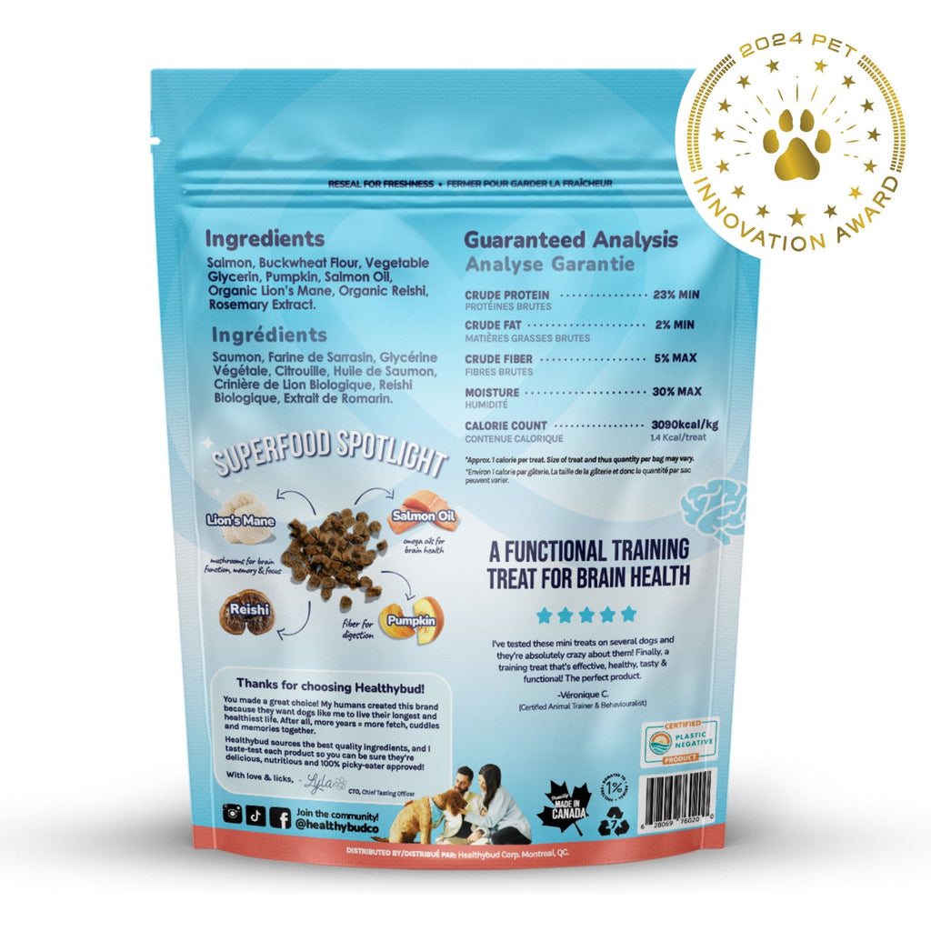 Dog food package with blue label and ingredients list on a white background