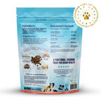 Dog food package with blue label and ingredients list on a white background