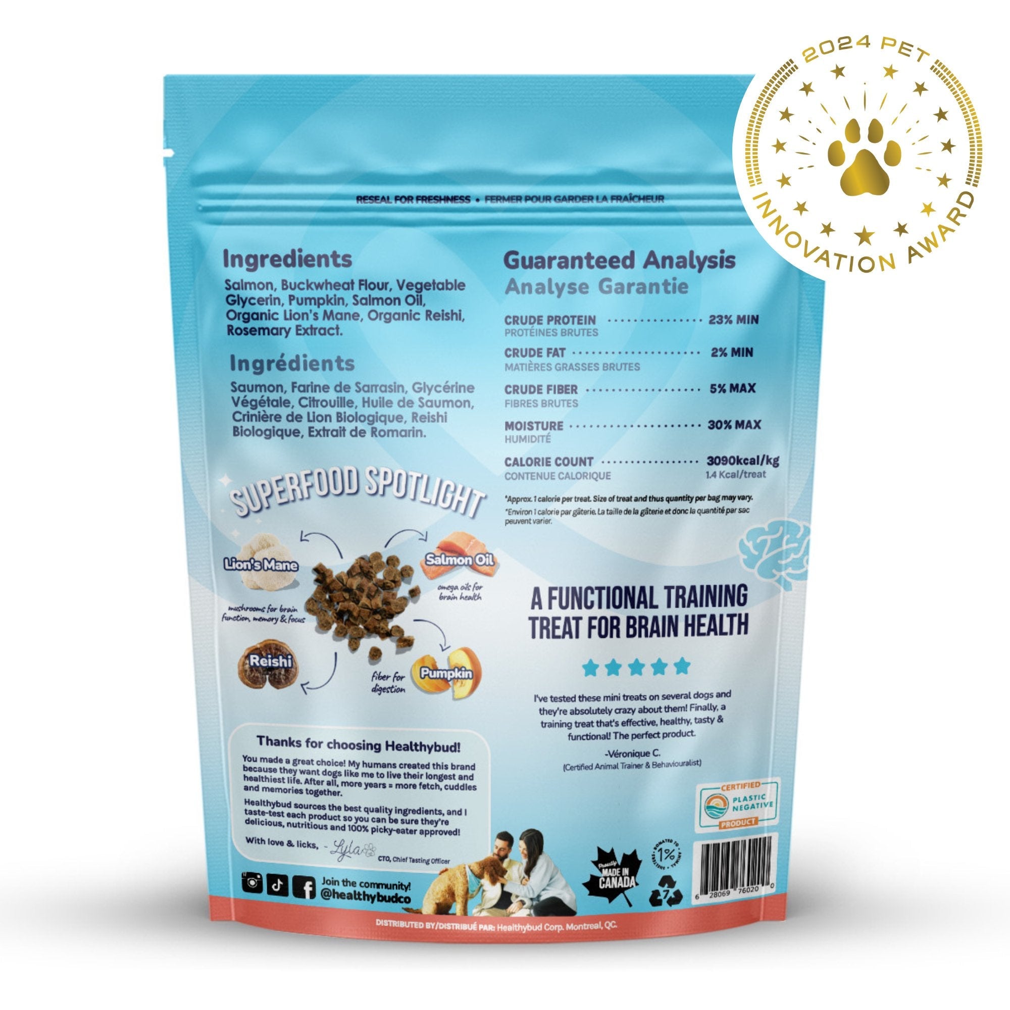 Dog food package with blue label and ingredients list on a white background