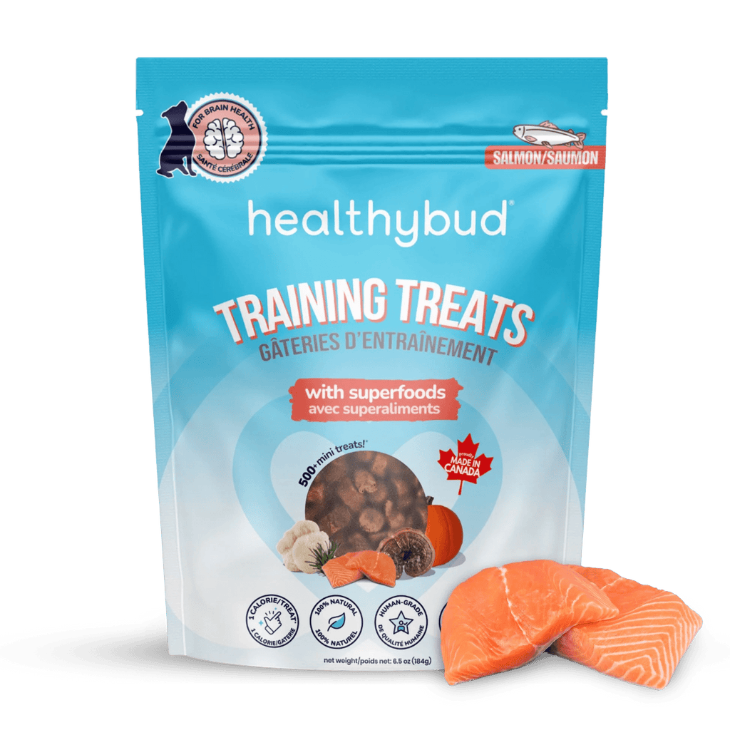 Package of healthybud training treats with salmon slices on a black background