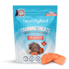 Package of healthybud training treats with salmon slices on a black background