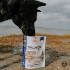 Dog sniffing a package of Bully Bunches Salmon dog treats by a body of water.