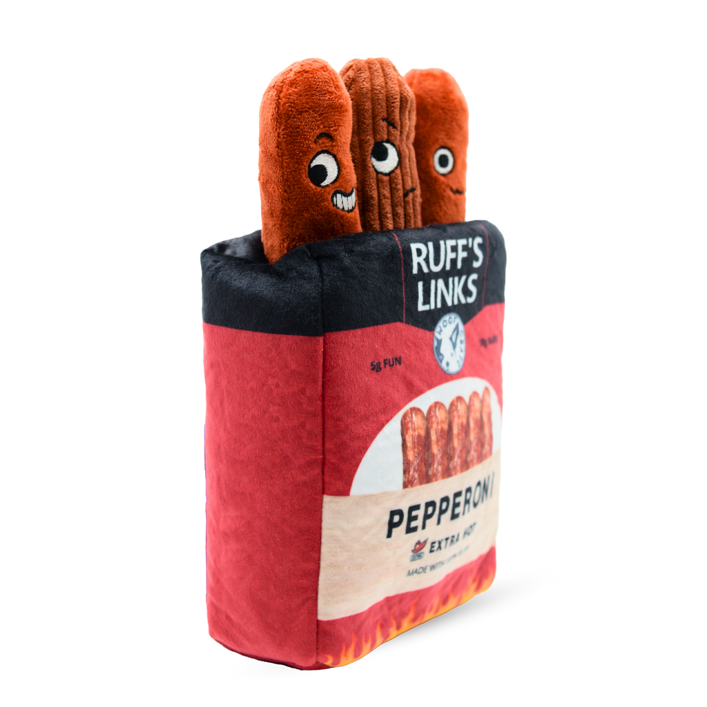 Dog toy resembling a package of Ruff's Links Pepperoni with plush sausages on top