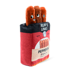 Dog toy resembling a package of Ruff's Links Pepperoni with plush sausages on top