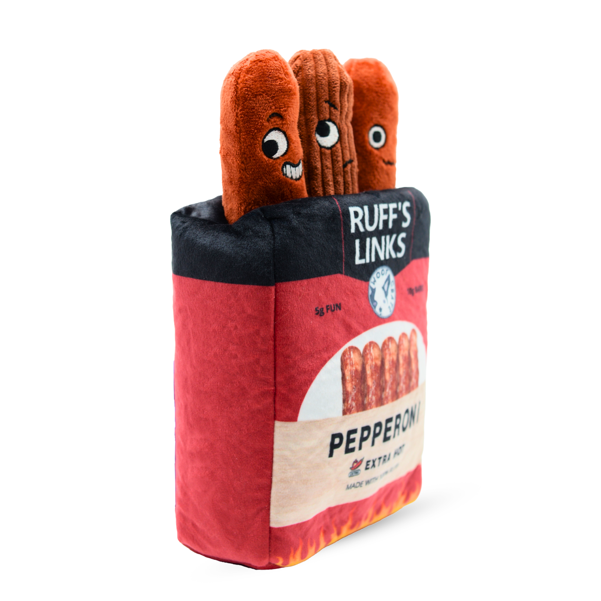Dog toy resembling a package of Ruff's Links Pepperoni with plush sausages on top