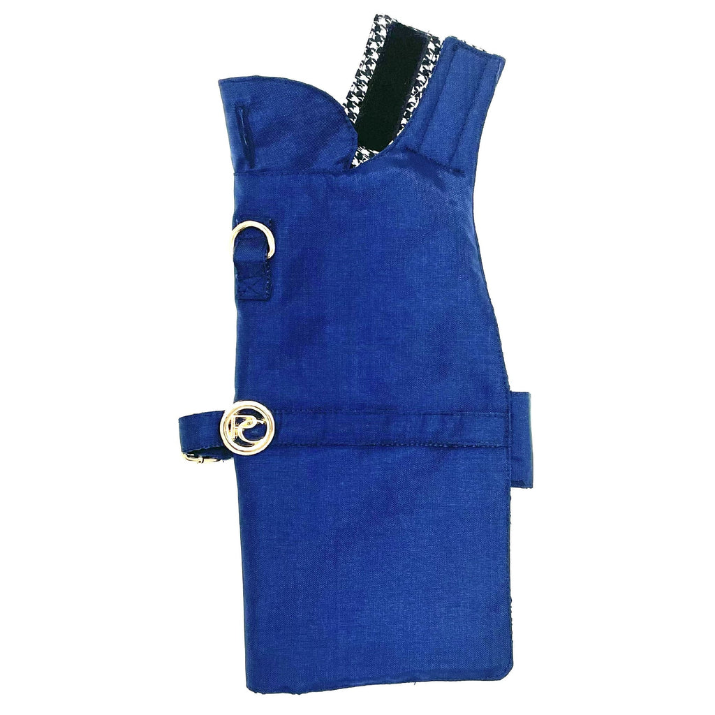 Blue Dog rain coat with gold buckles on a white background