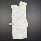 White dog raincoat with gold accents on a gray background