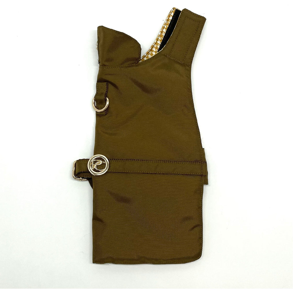 Gold Dog raincoat with gold buttons on a white background