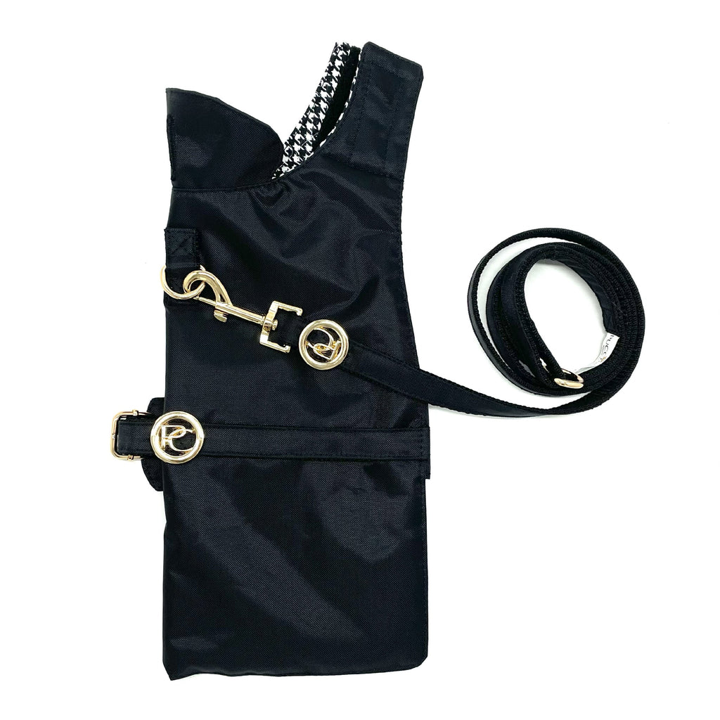 Black dog raincoat with gold hardware and a matching leash on a white background