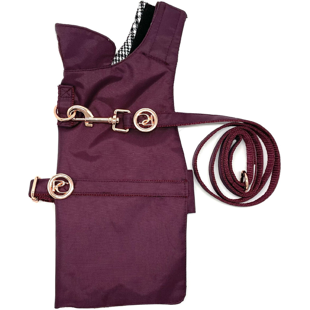 Burgundy dog raincoat and leash set on a white background