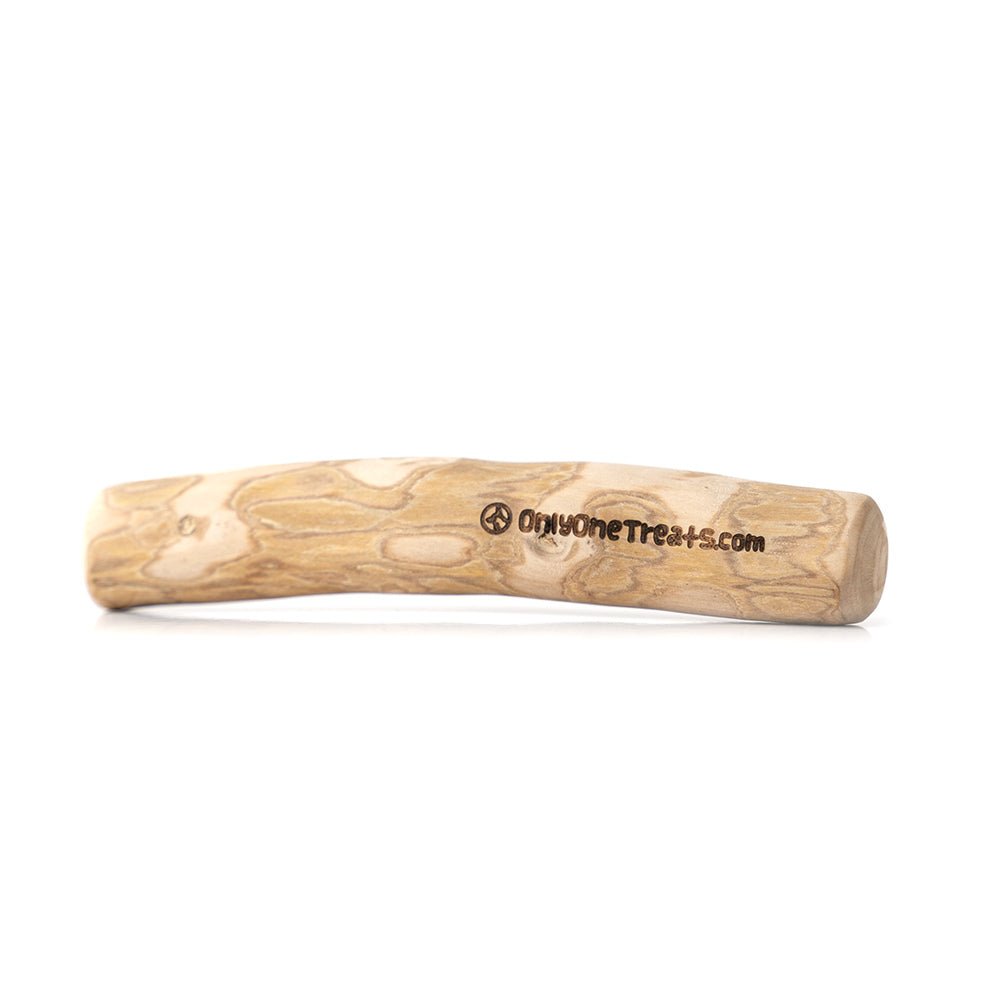 Wooden dog chew toy with 'OnlyOneTreats' branding on a white background