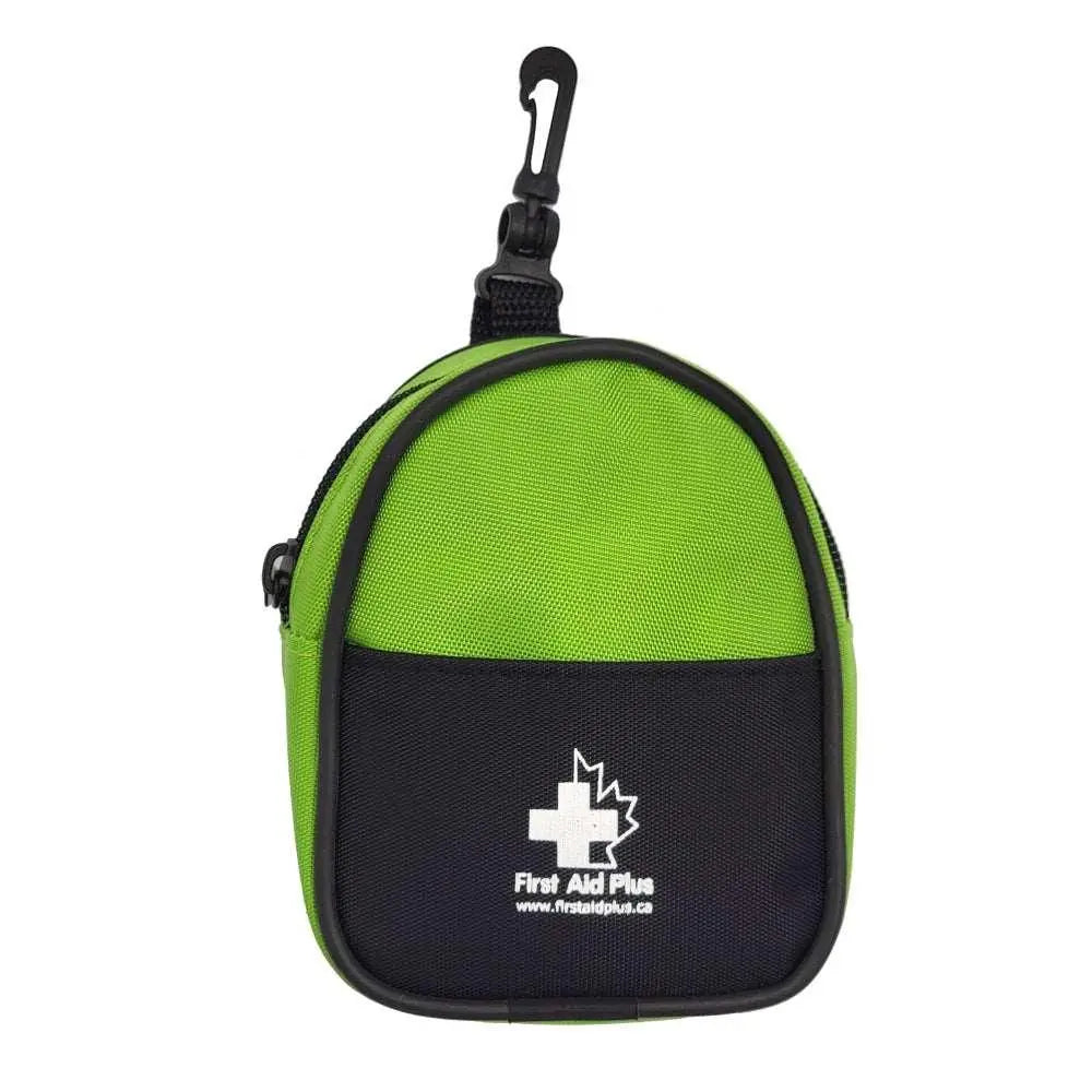 Green and black first aid kit with carabiner on a white background